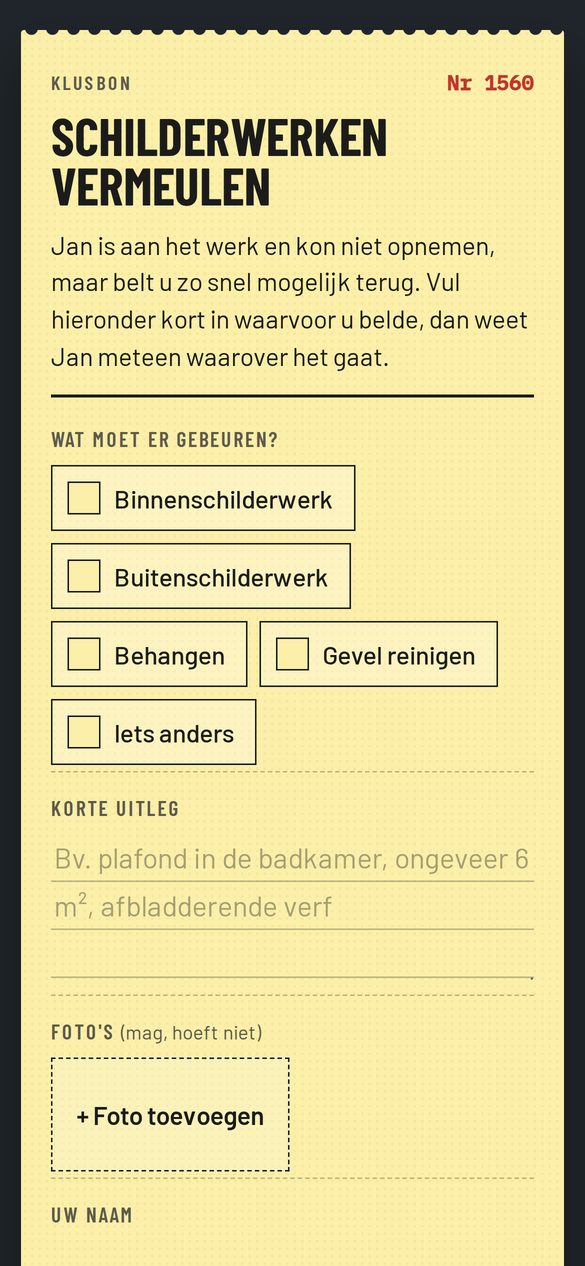 De klusbon die je klant krijgt, met jouw bedrijfsnaam bovenaan
