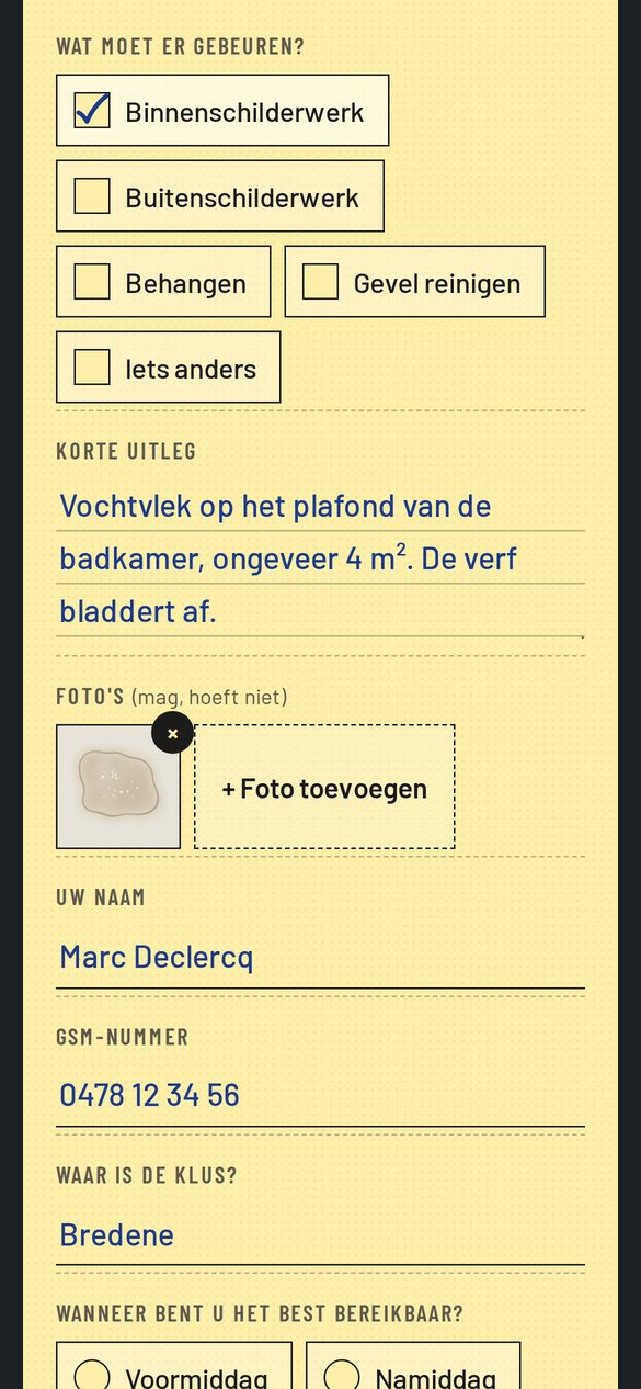 De klant kruist aan wat er moet gebeuren en voegt een foto toe