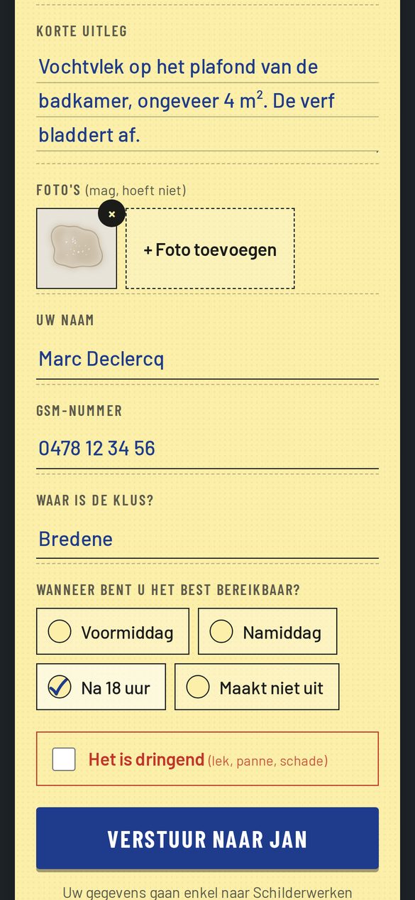De klant vult naam, gsm en gemeente in en verstuurt