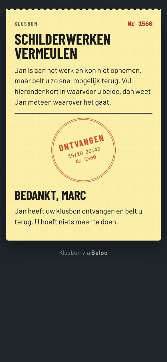 De klant ziet een bevestiging met een bonnummer